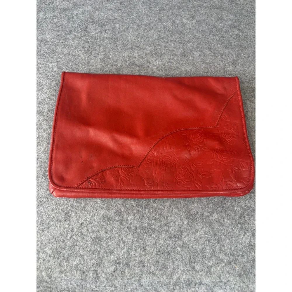 Barganza Floral Embossed Clutch Medium Red Leather‎ Rose Detail Handbag